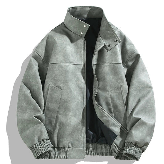 Men's Stylish Durable Leather Jacket - Perfect Outerwear Choice Washed Olive