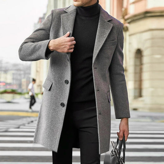 Men's Mid-Length Notched Lapel Overcoat for Daily Use Warm Grey