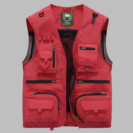 Men's Multi-Pocket Outdoor Adventure Vest - Functional & Durable Red