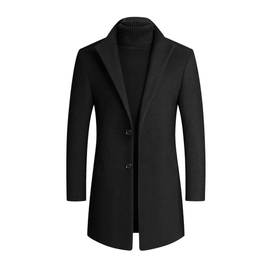 Men's Notched Lapel Mid-Length Overcoat for Daily Use Warm Black