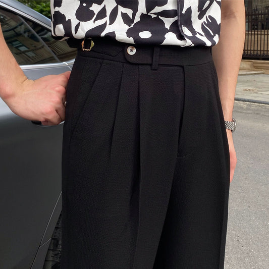 Men's Pleated Cropped Trousers for Fall and Winter Everyday Wear Black