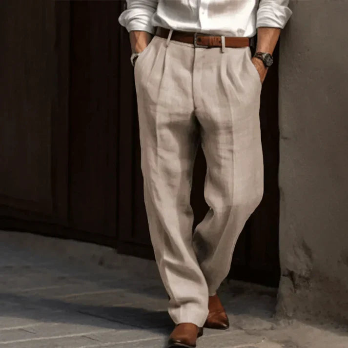 Men's Pleated High-Waisted Trousers for Fall and Winter Everyday Wear Beige