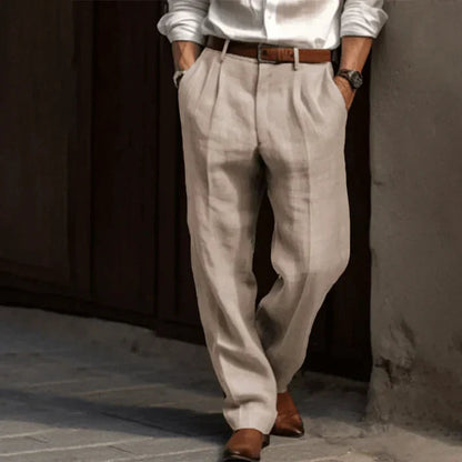 Men's Pleated High-Waisted Trousers for Fall and Winter Everyday Wear Beige