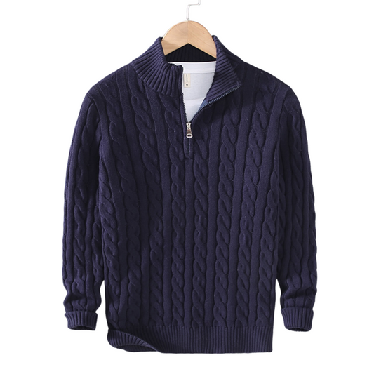 Men's Navy Blue Quarter-Zip Cable Knit Sweater for Fall and Winter Navy Blue