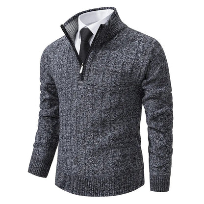 Men's Midnight Blue Quarter-Zip Cable Knit Sweater for Fall and Winter Dark Grey