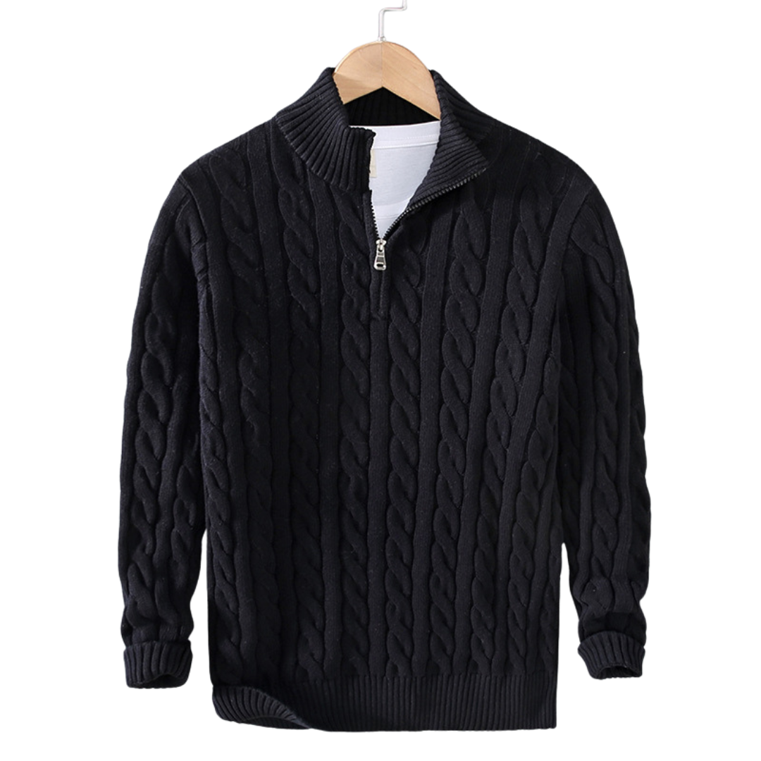 Men's Navy Blue Quarter-Zip Cable Knit Sweater for Fall and Winter Black