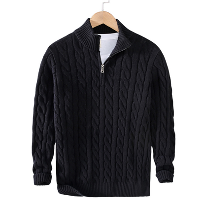 Men's Navy Blue Quarter-Zip Cable Knit Sweater for Fall and Winter Black