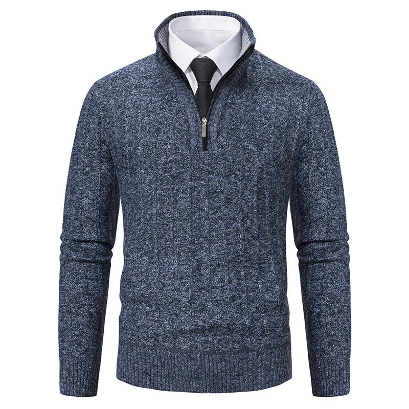 Men's Midnight Blue Quarter-Zip Cable Knit Sweater for Fall and Winter