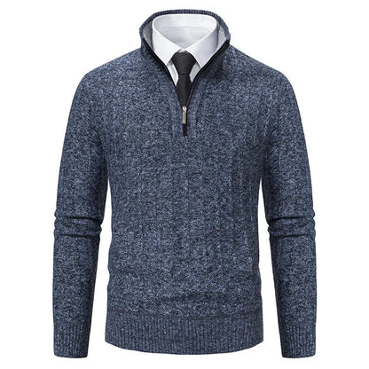 Men's Midnight Blue Quarter-Zip Cable Knit Sweater for Fall and Winter
