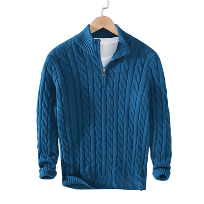 Men's Navy Blue Quarter-Zip Cable Knit Sweater for Fall and Winter Blue
