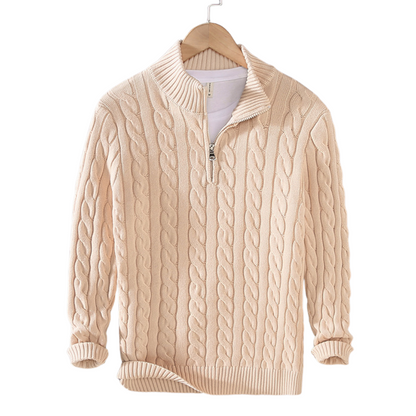 Men's Navy Blue Quarter-Zip Cable Knit Sweater for Fall and Winter Beige