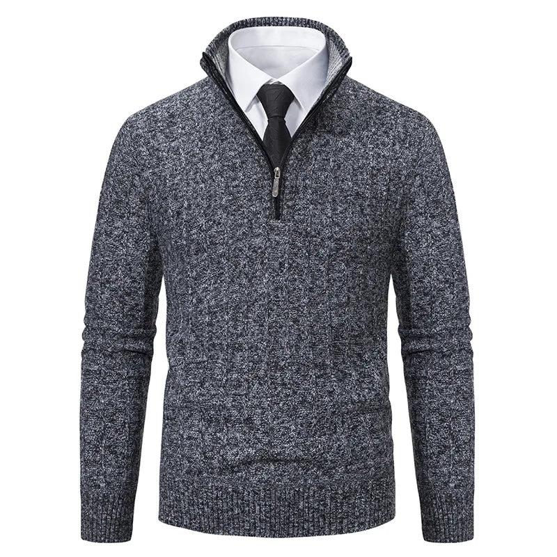 Men's Midnight Blue Quarter-Zip Cable Knit Sweater for Fall and Winter