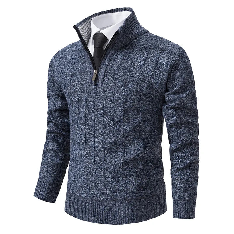 Men's Midnight Blue Quarter-Zip Cable Knit Sweater for Fall and Winter Midnight Blue