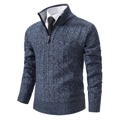 Men's Midnight Blue Quarter-Zip Cable Knit Sweater for Fall and Winter Midnight Blue