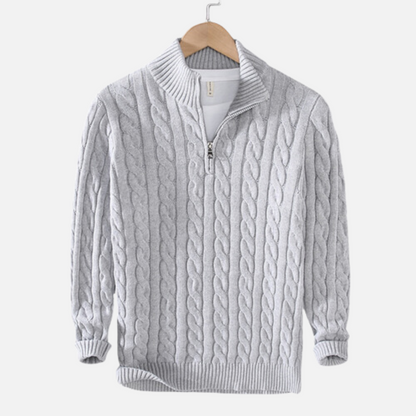 Men's Navy Blue Quarter-Zip Cable Knit Sweater for Fall and Winter Grey