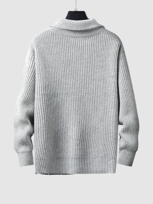 Men's Light Gray Quarter-Zip Ribbed Knit Sweater for Everyday Wear
