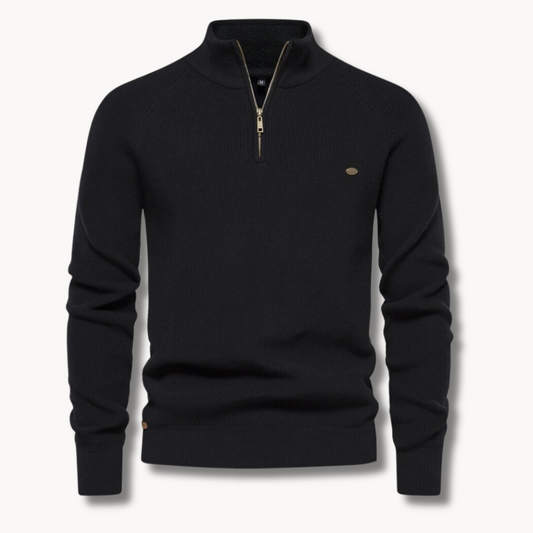 Men's Navy Blue Quarter-Zip Ribbed Knit Sweater for Everyday Wear Black