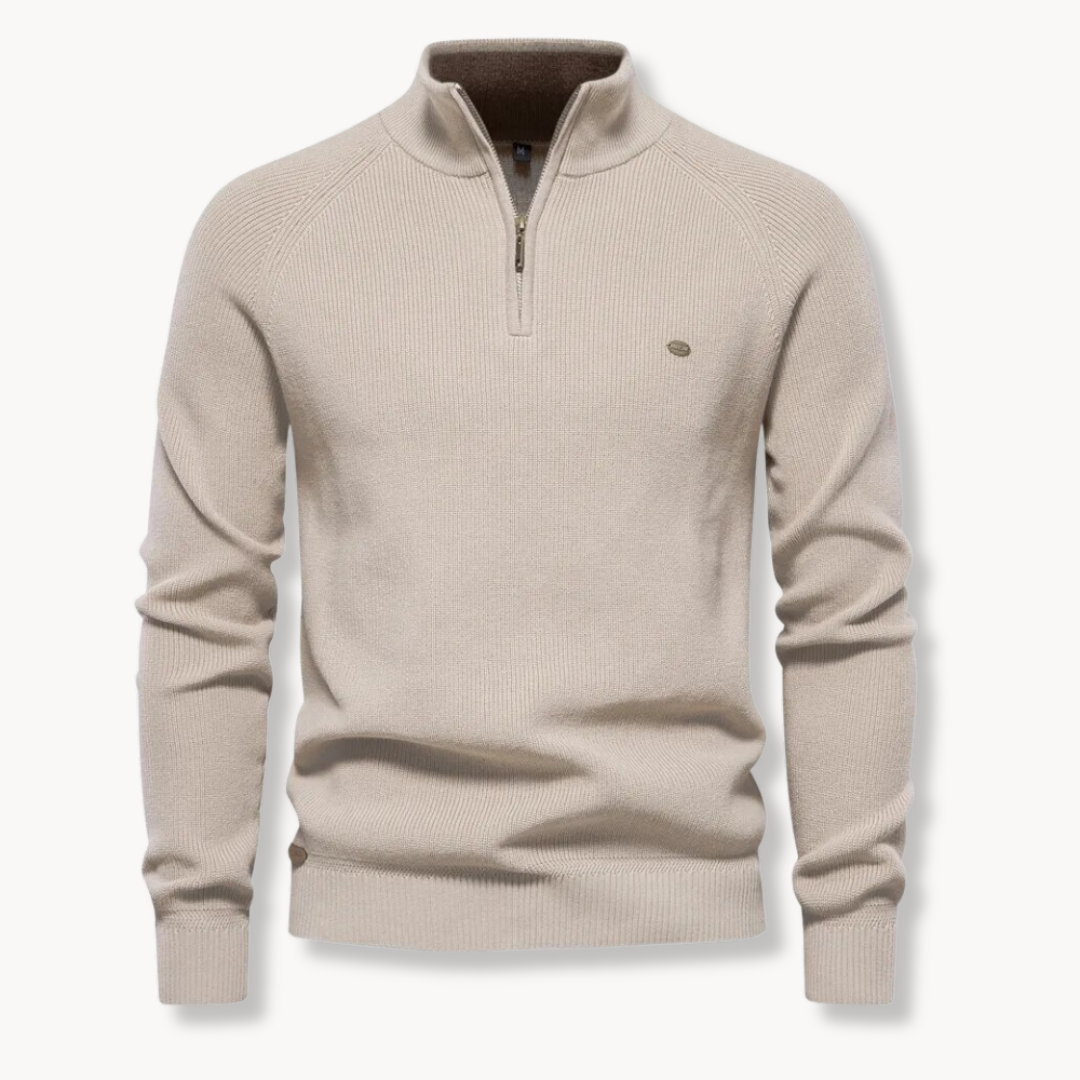 Men's Navy Blue Quarter-Zip Ribbed Knit Sweater for Everyday Wear Khaki