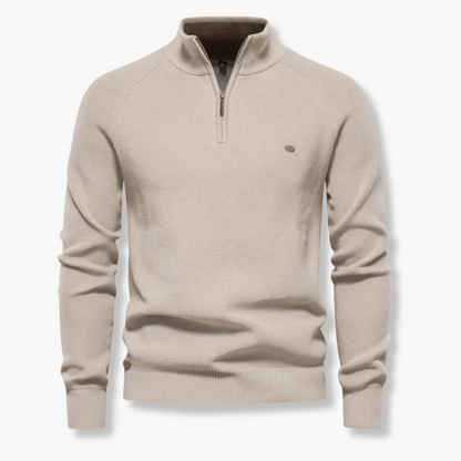Men's Navy Blue Quarter-Zip Ribbed Knit Sweater for Everyday Wear Khaki