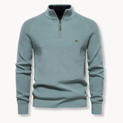 Men's Navy Blue Quarter-Zip Ribbed Knit Sweater for Everyday Wear Blue