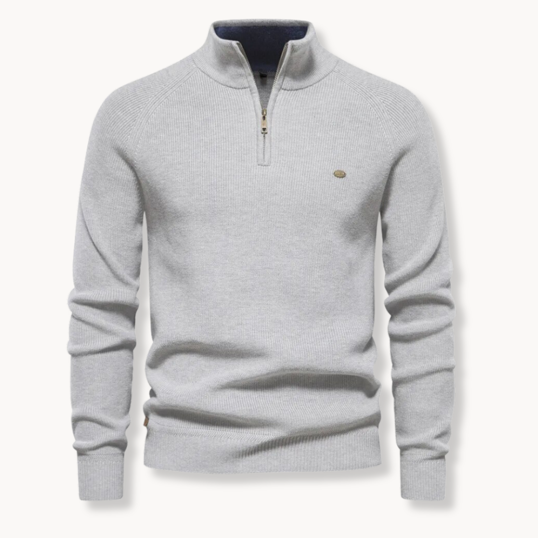 Men's Navy Blue Quarter-Zip Ribbed Knit Sweater for Everyday Wear Grey
