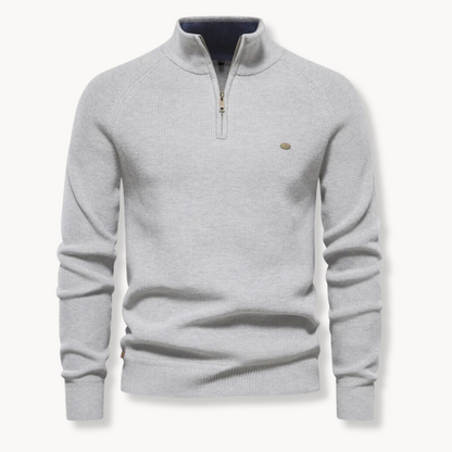 Men's Navy Blue Quarter-Zip Ribbed Knit Sweater for Everyday Wear Grey