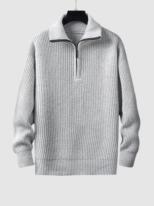 Men's Light Gray Quarter-Zip Ribbed Knit Sweater for Everyday Wear Light Gray