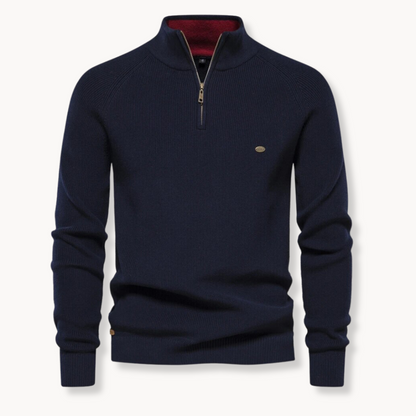 Men's Navy Blue Quarter-Zip Ribbed Knit Sweater for Everyday Wear Navy Blue