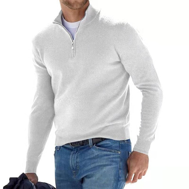 Men's Multi-Color Quarter Zip Sweater for Fall and Winter White