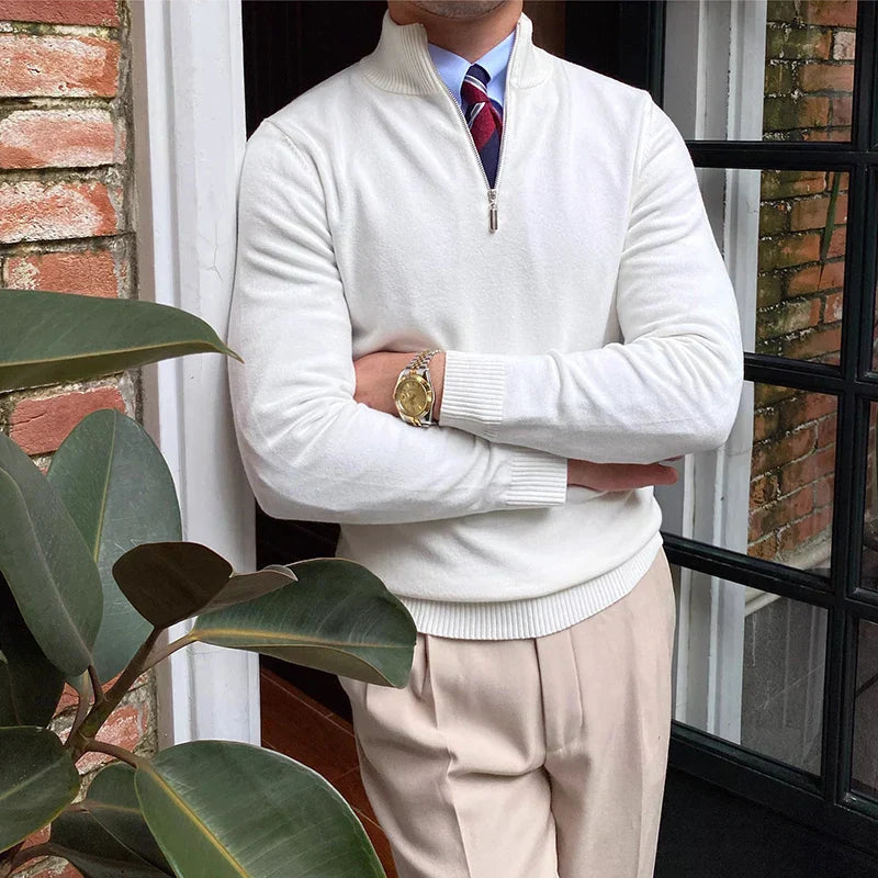 Men's Multi-Color Ribbed Quarter Zip Sweater for Fall and Winter White