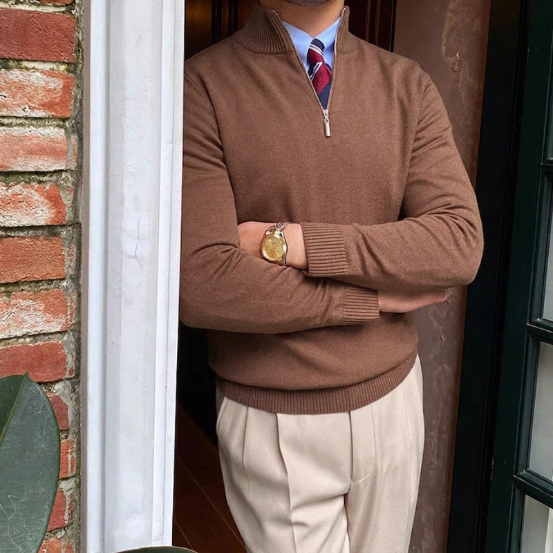 Men's Multi-Color Ribbed Quarter Zip Sweater for Fall and Winter Brown