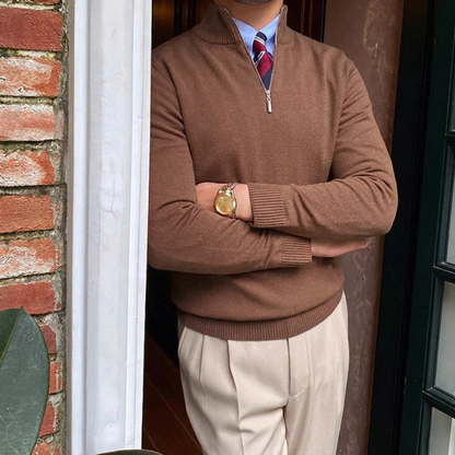 Men's Multi-Color Ribbed Quarter Zip Sweater for Fall and Winter Brown