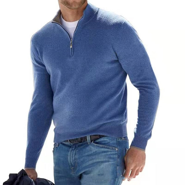 Men's Multi-Color Quarter Zip Sweater for Fall and Winter Blue
