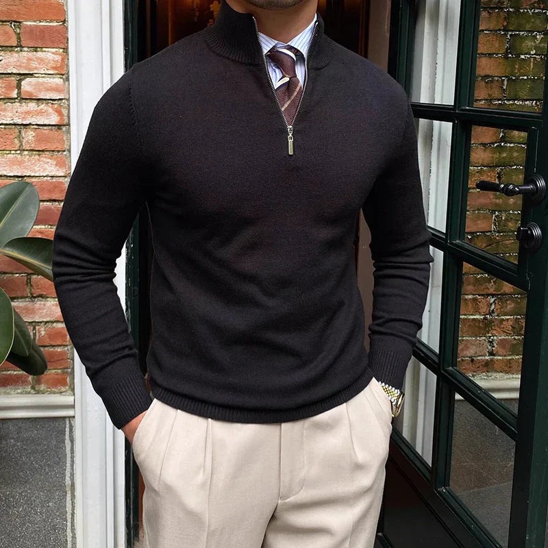 Men's Multi-Color Ribbed Quarter Zip Sweater for Fall and Winter Black
