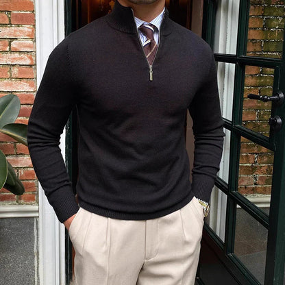 Men's Multi-Color Ribbed Quarter Zip Sweater for Fall and Winter Black