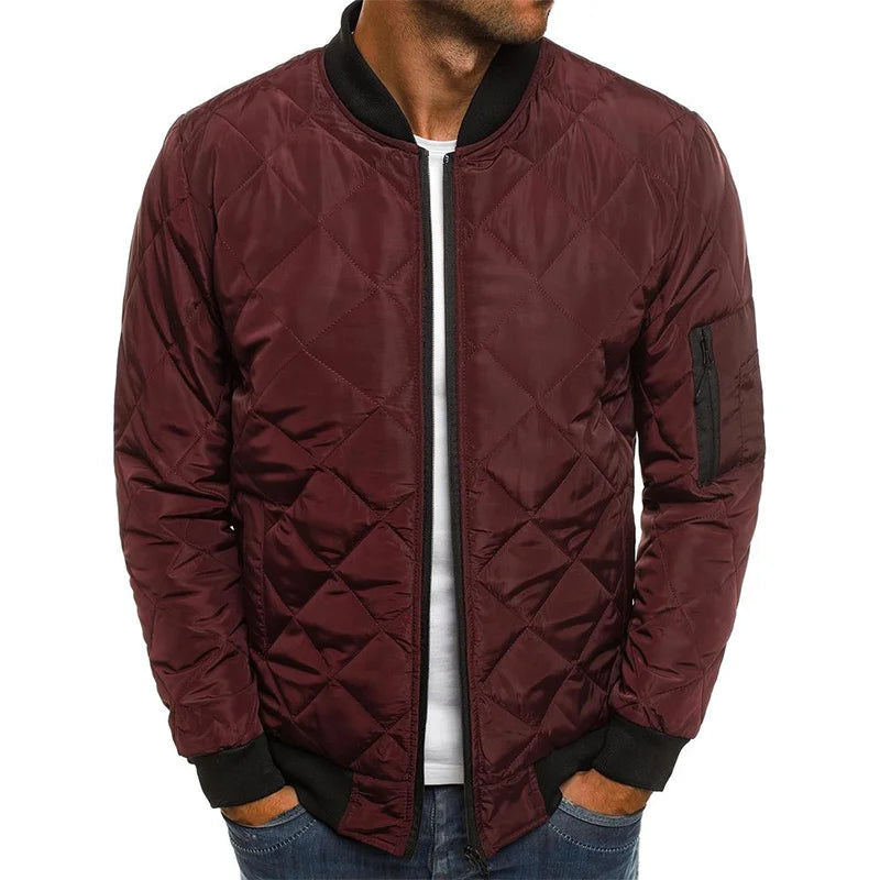 Men's Quilted Bomber Jacket for Fall and Winter Everyday Wear Burgundy