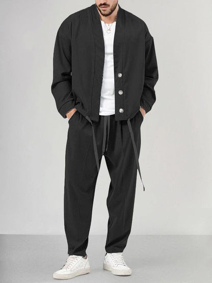 Men's Relaxed Fit 2-Piece Casual Outfit Set for Daily Use Black