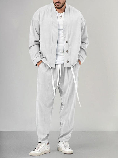Men's Relaxed Fit 2-Piece Casual Outfit Set for Daily Use White