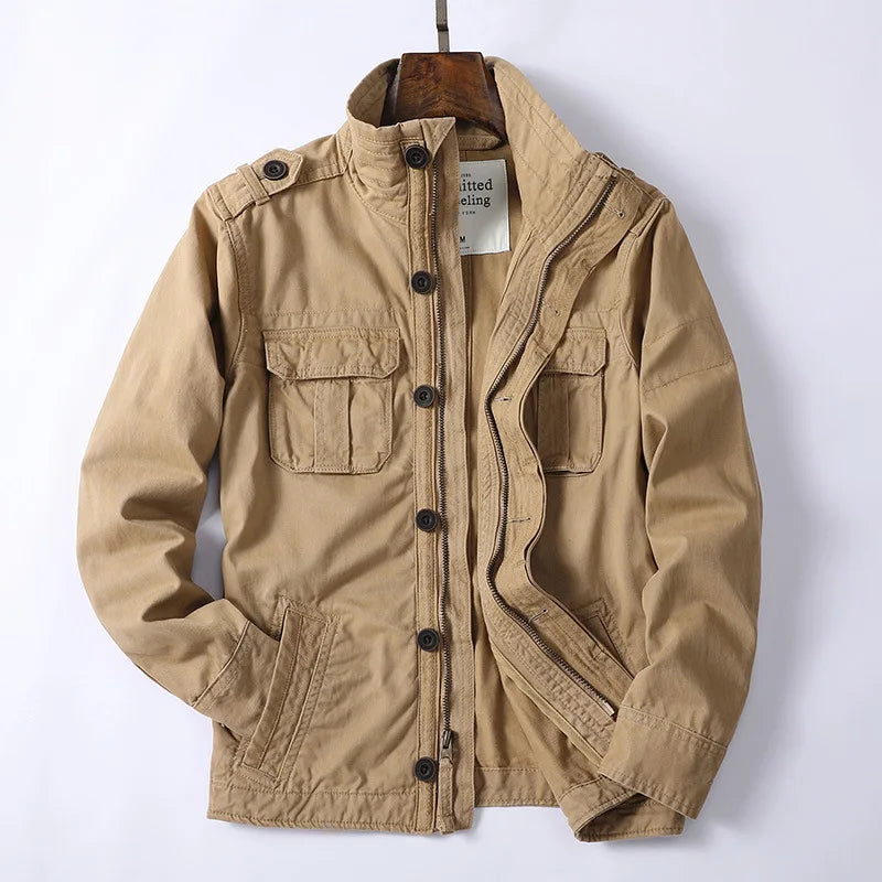 Men's Vintage Style Denim Cargo Jacket for Daily Use Warm Khaki