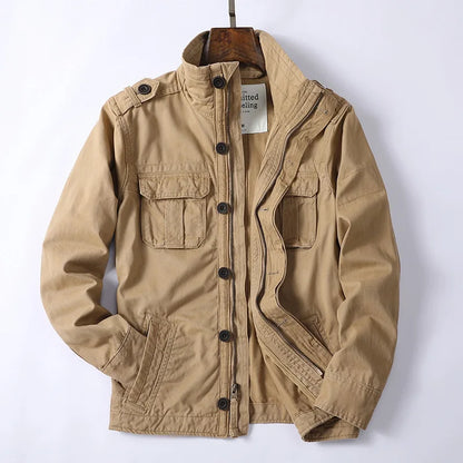 Men's Vintage Style Denim Cargo Jacket for Daily Use Warm Khaki