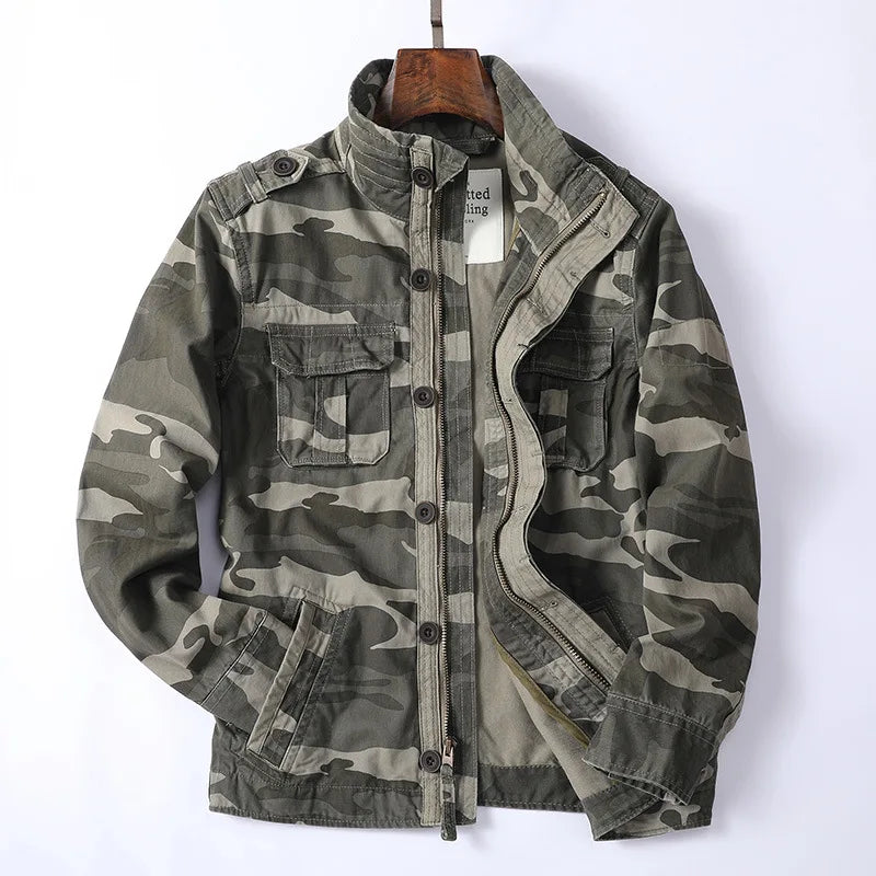 Men's Vintage Style Denim Cargo Jacket for Daily Use Warm Green Camo