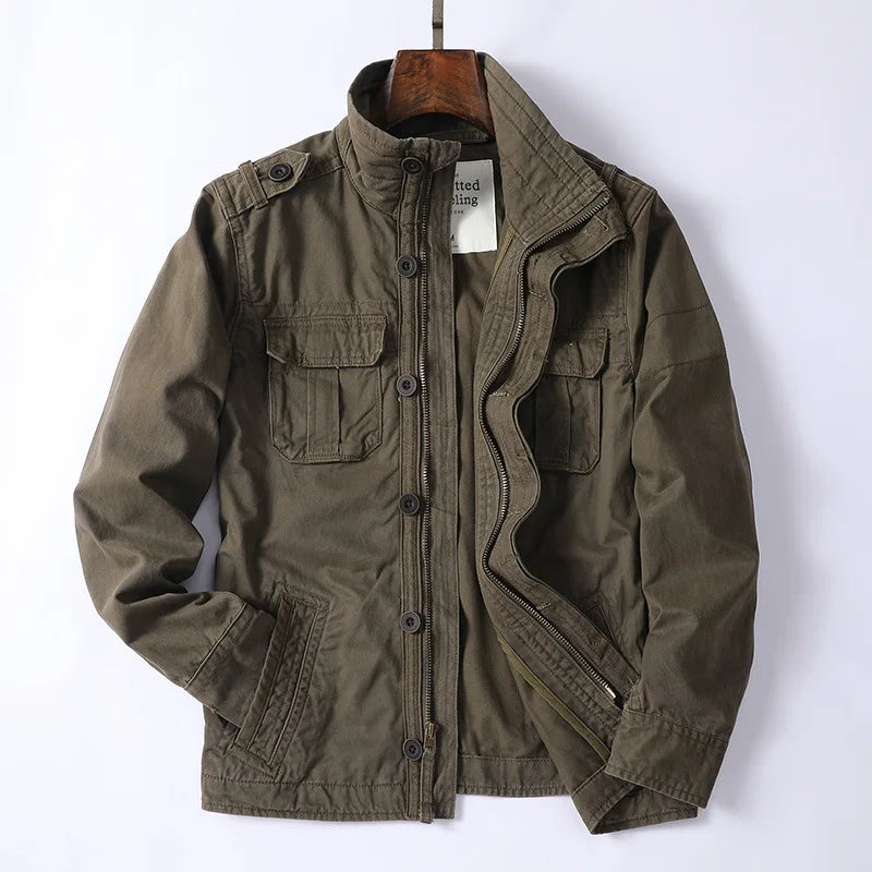 Men's Vintage Style Denim Cargo Jacket for Daily Use Warm Army Green