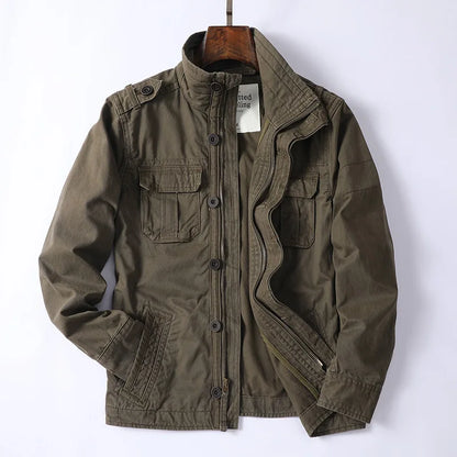 Men's Vintage Style Denim Cargo Jacket for Daily Use Warm Army Green