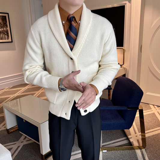 Men's Shawl Collar Knit Cardigan for Fall and Winter Everyday Wear Cream