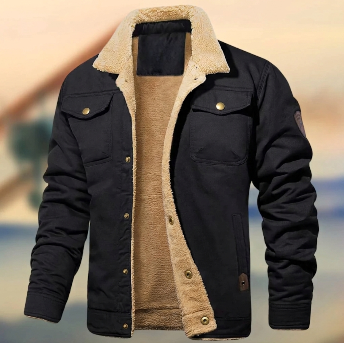 Men's Sherpa Collar Button-Down Jacket for Daily Use Warm Black
