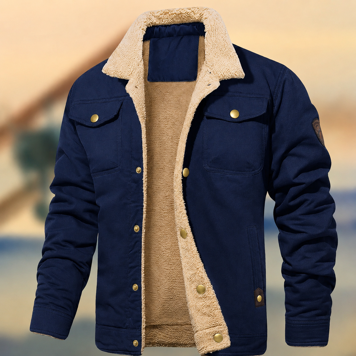 Men's Sherpa Collar Button-Down Jacket for Daily Use Warm Navy