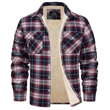 Men's Sherpa Lined Plaid Jacket for Fall and Winter Everyday Wear Red