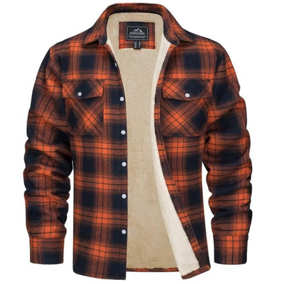 Men's Sherpa Lined Plaid Jacket for Fall and Winter Everyday Wear Orange