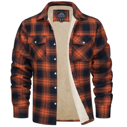 Men's Sherpa Lined Plaid Jacket for Fall and Winter Everyday Wear Orange