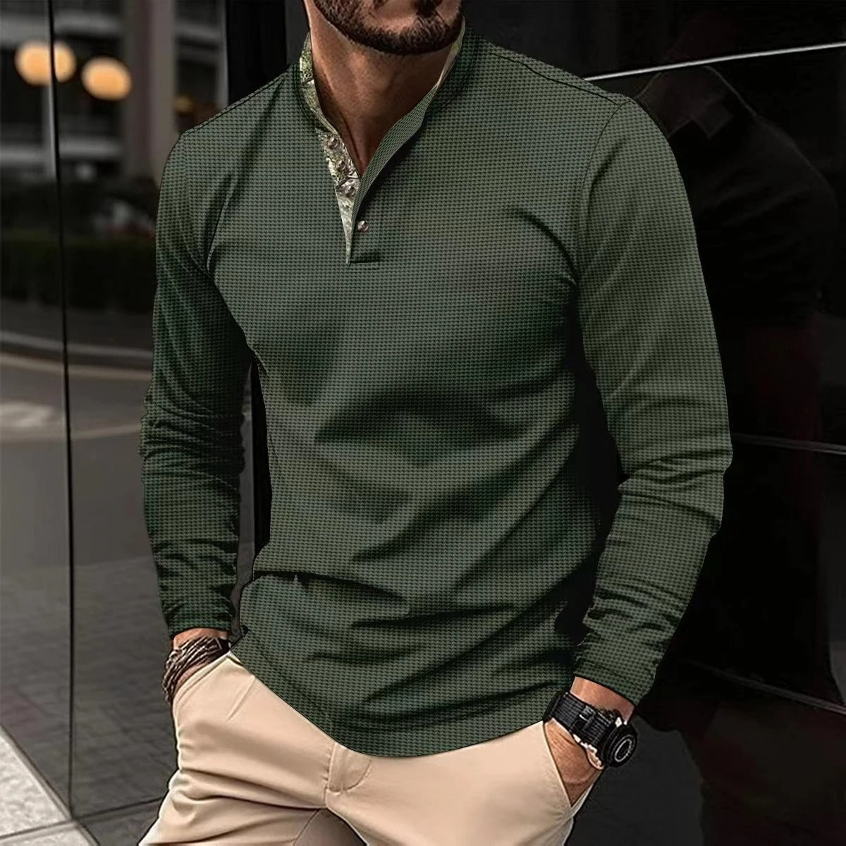 Men's Slim-Fit Casual Shirt for Fall and Winter Everyday Wear Army Green